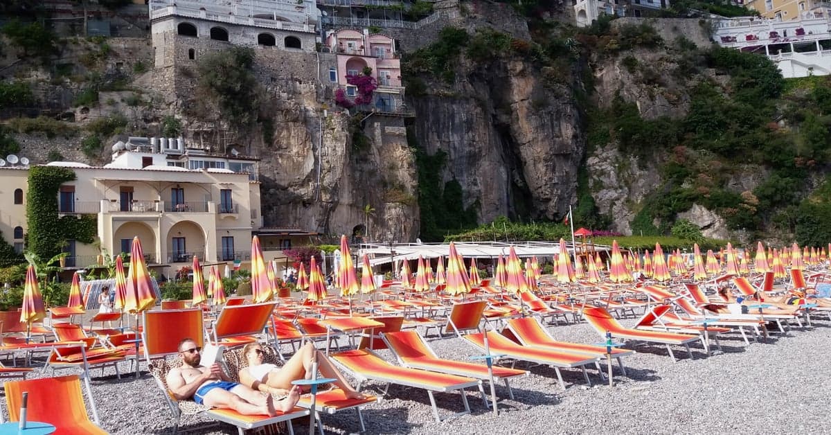 Sunbeds on Spiaggia Grande below Positano